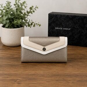 Grace Adele Metallic Gold Continental Wallet Tri-Tone Faux Leather Snap Clutch